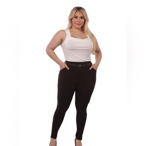 Plus Size Solid Black Treggings With Faux Leather Belt-Size 3X